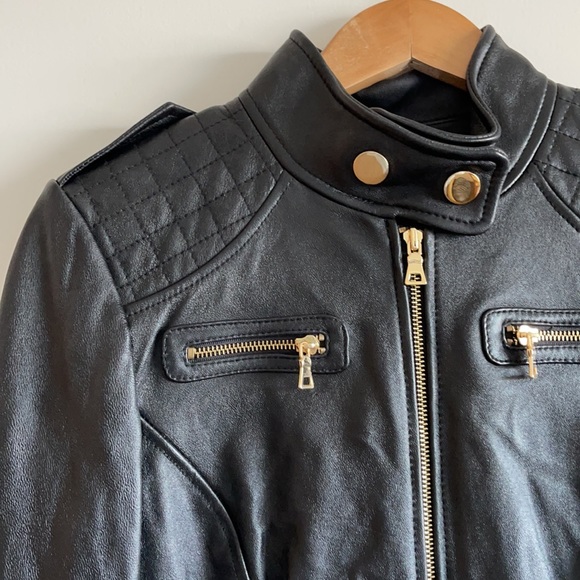 GORGEOUS 100% lambs leather moto leather jacket with gold tone buttons & zips S - Picture 2 of 8